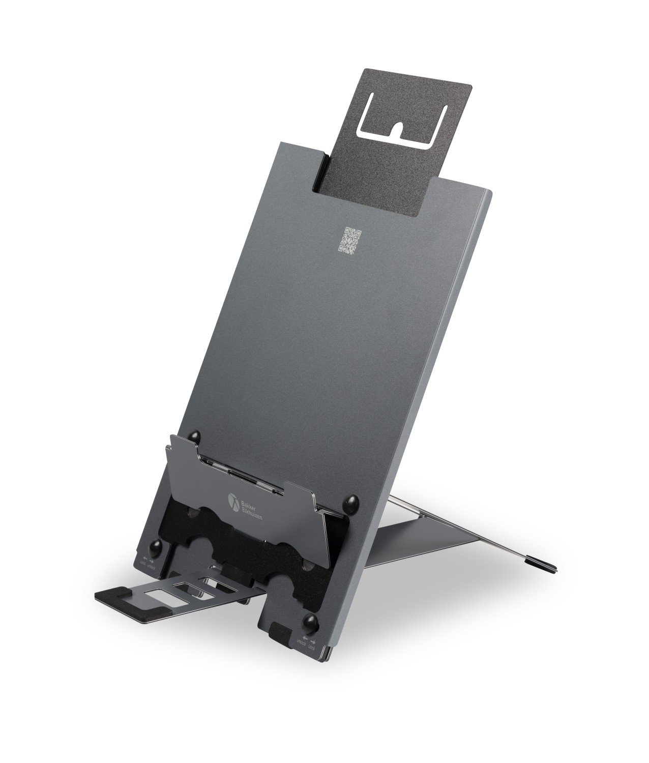 Vooraanzicht van Ergo-Q Hybrid Pro laptopstandaard en tablethouder, ergonomisch verstelbaar voor de hybride werkplek