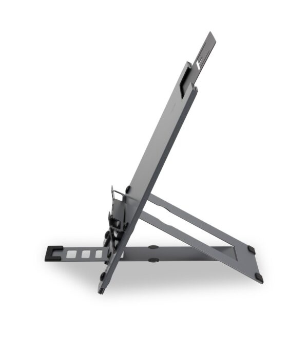 Zij aanzicht van Ergo-Q Hybrid Pro laptopstandaard en tablethouder, ergonomisch verstelbaar voor de hybride werkplek