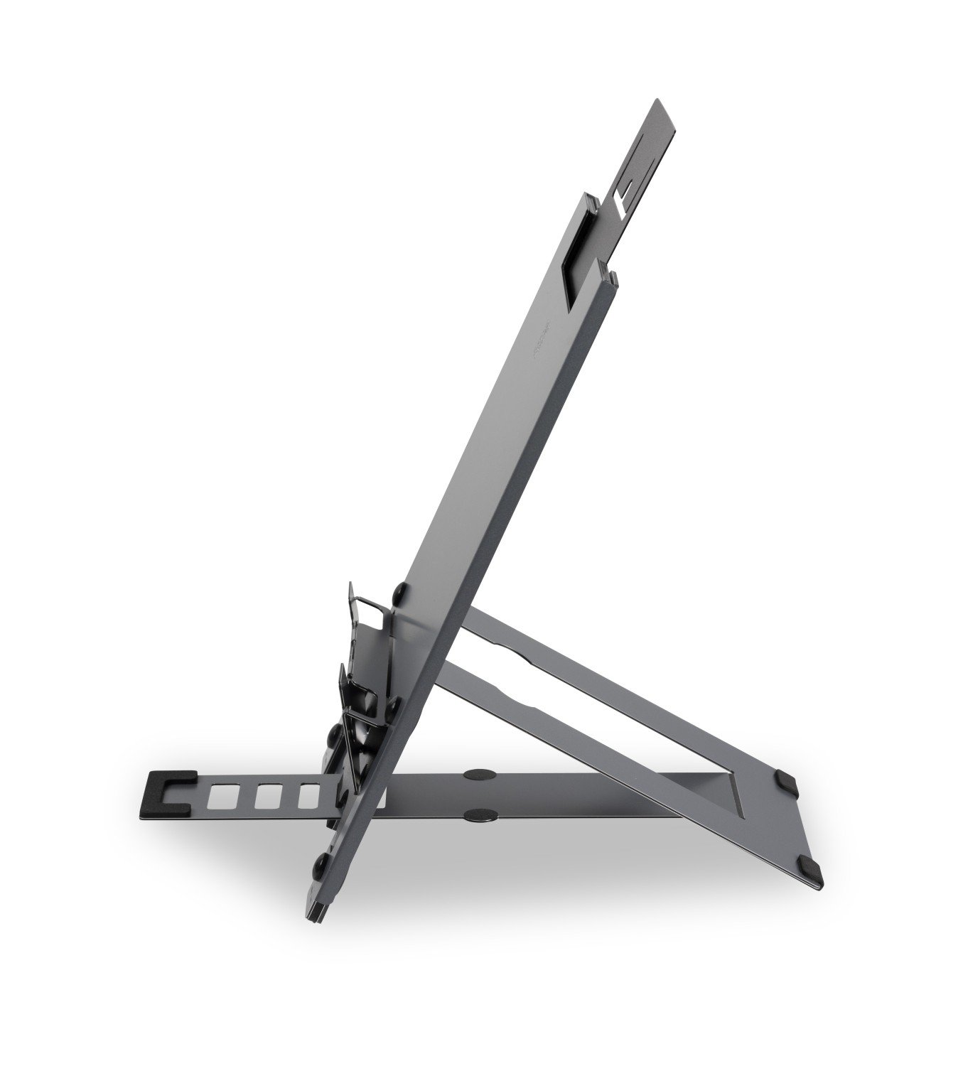 Zij aanzicht van Ergo-Q Hybrid Pro laptopstandaard en tablethouder, ergonomisch verstelbaar voor de hybride werkplek