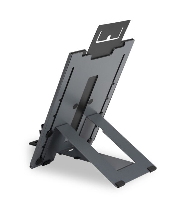Achter aanzicht van Ergo-Q Hybrid Pro laptopstandaard en tablethouder, ergonomisch verstelbaar voor de hybride werkplek