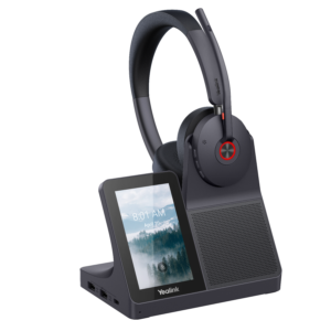 Yealink WH68WS zwarte draadloze UC headset met dual oorschelpen en rode busylight, rechts schuin weergegeven.