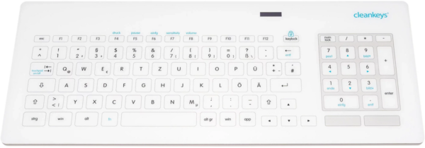 Cleankeys CK6 glazen hygiënisch toetsenbord – bovenaanzicht met touchpad en numeriek gedeelte