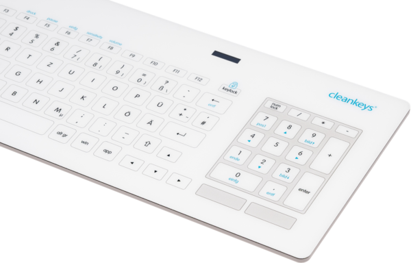 Cleankeys CK6 glazen hygiënisch toetsenbord – zijaanzicht van het numerieke toetsenblok